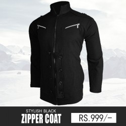 Black Front Zipper Button Coat